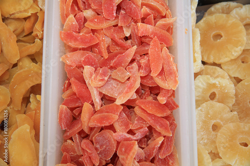 Collection of candied diced Fruits on Street Market in Pollensa. Majorca photo