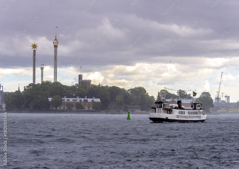 Public ferry in Stockholm Sweden with heavy rains 