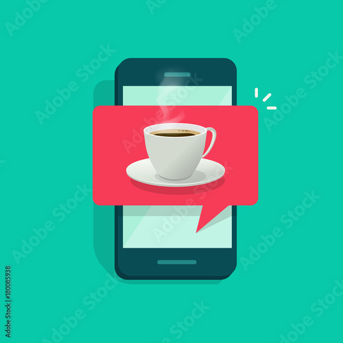 Coffee cup on mobile phone vector illustration, flat cartoon design coffee glass on smartphone, concept of drink order notification on cellphone, delivery app, internet cafe