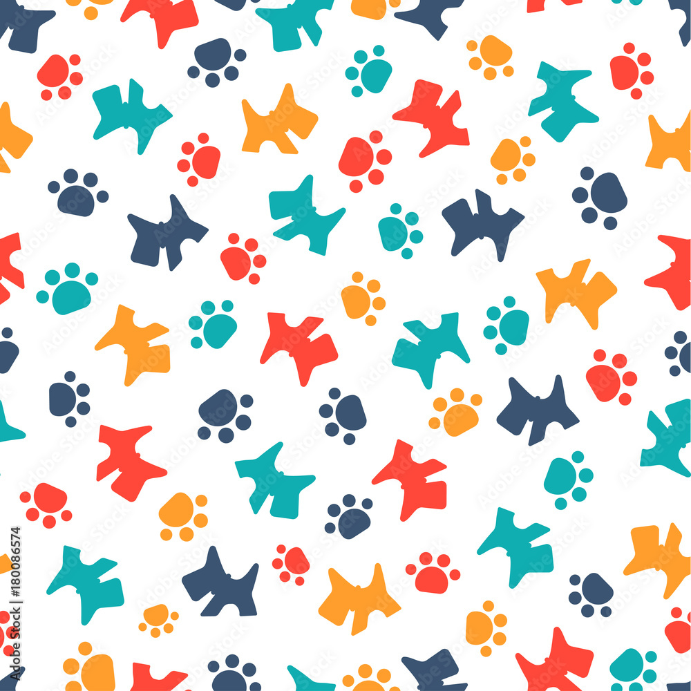 pattern with cartoon dog and paws