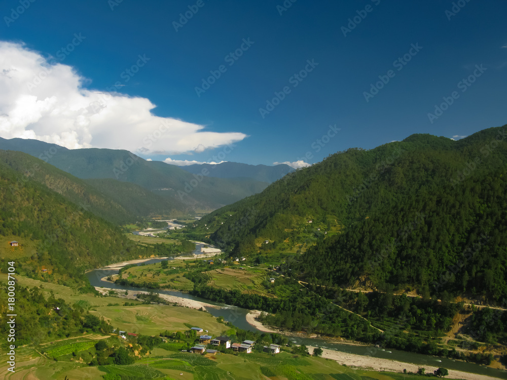 View to Mo Chhu river and Punakha-Wangdue valley from Khamsum Yulley Namgyal Temple, Bhutan