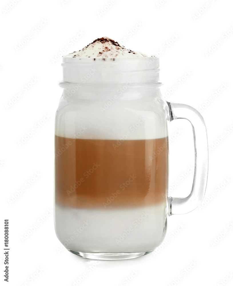 Mason jar with latte macchiato on white background Mason jar with latte macchiato on white background