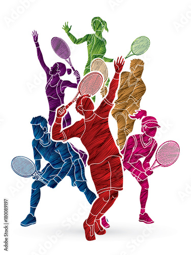 Tennis players , Men and Women action designed using grunge brush graphic vector.