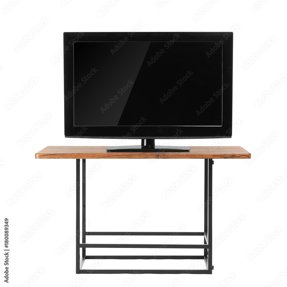 Modern TV set on stand, isolated on white Modern TV set on stand, isolated on white