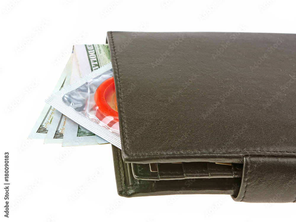 condom purse and money dollar isolated on white background condom purse and money dollar isolated on white background