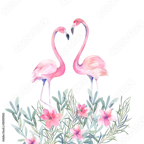 Couple pink flamingos and bouquet flowers. Watercolour print for invitation, ...