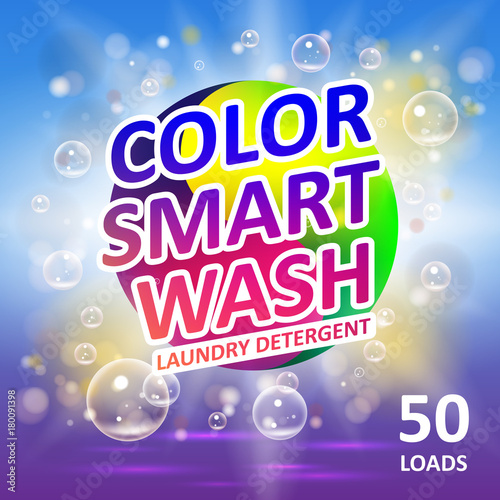 Laundry detergent package ads. Creative soap smart clean design product. Toilet or bathroom color tub cleanser design. Washing machine laundry detergent packaging template.
