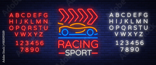 Racing Sports neon logo emblem pattern. A glowing sign on the theme of the races. Neon sign, light banner. Vector illustration. Editing text neon sign. Neon alphabet