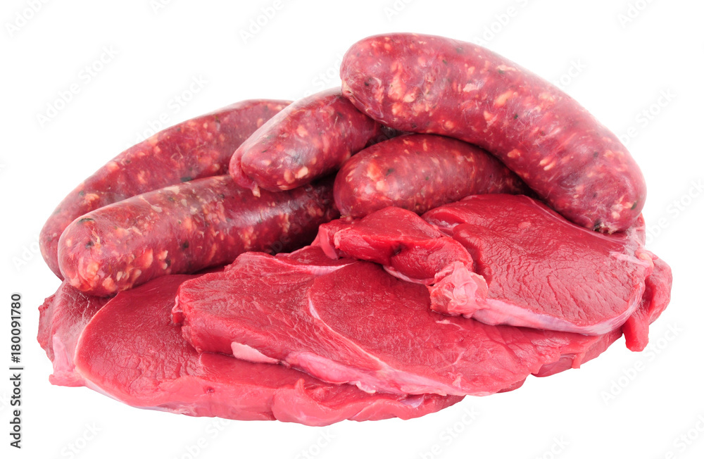 Raw venison meat steaks and sausages isolated on a white background Raw venison meat steaks and sausages isolated on a white background