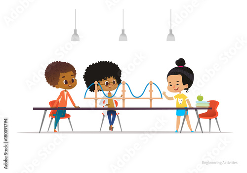Multiracial kids standing and sitting around table with suspension bridge model on it. Concept of engineering activities for children at school. Vector illustration for website, advertisement, poster.