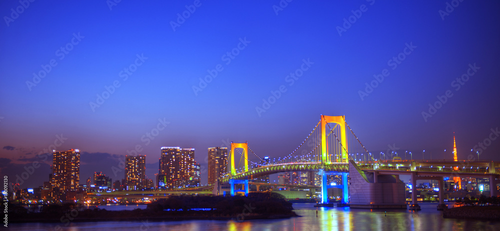 Panorama of the rainbow bridge in Tokyo.
