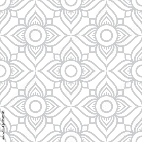 Thai flowers seamless vector pattern, grey floral repetitive design inspired by art from from Thailand