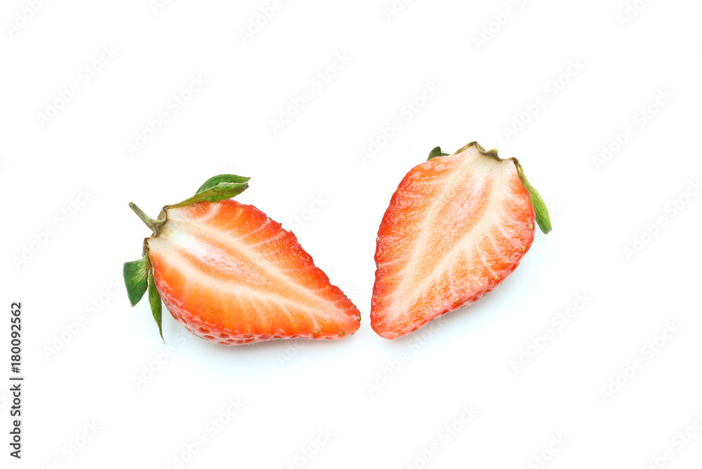 The two sliced fresh strawberries on white background ,isolated