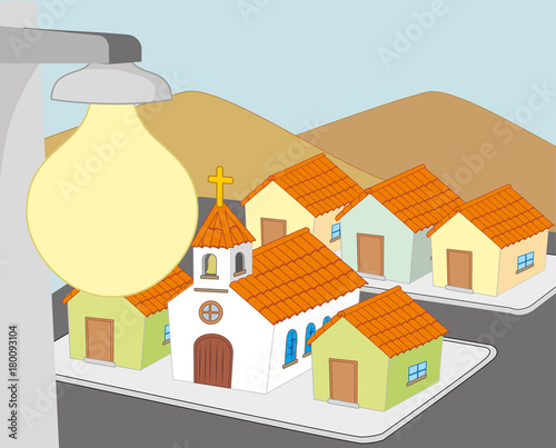 Illustration represents a block of houses with lighting. Ideal for training and institutional materials