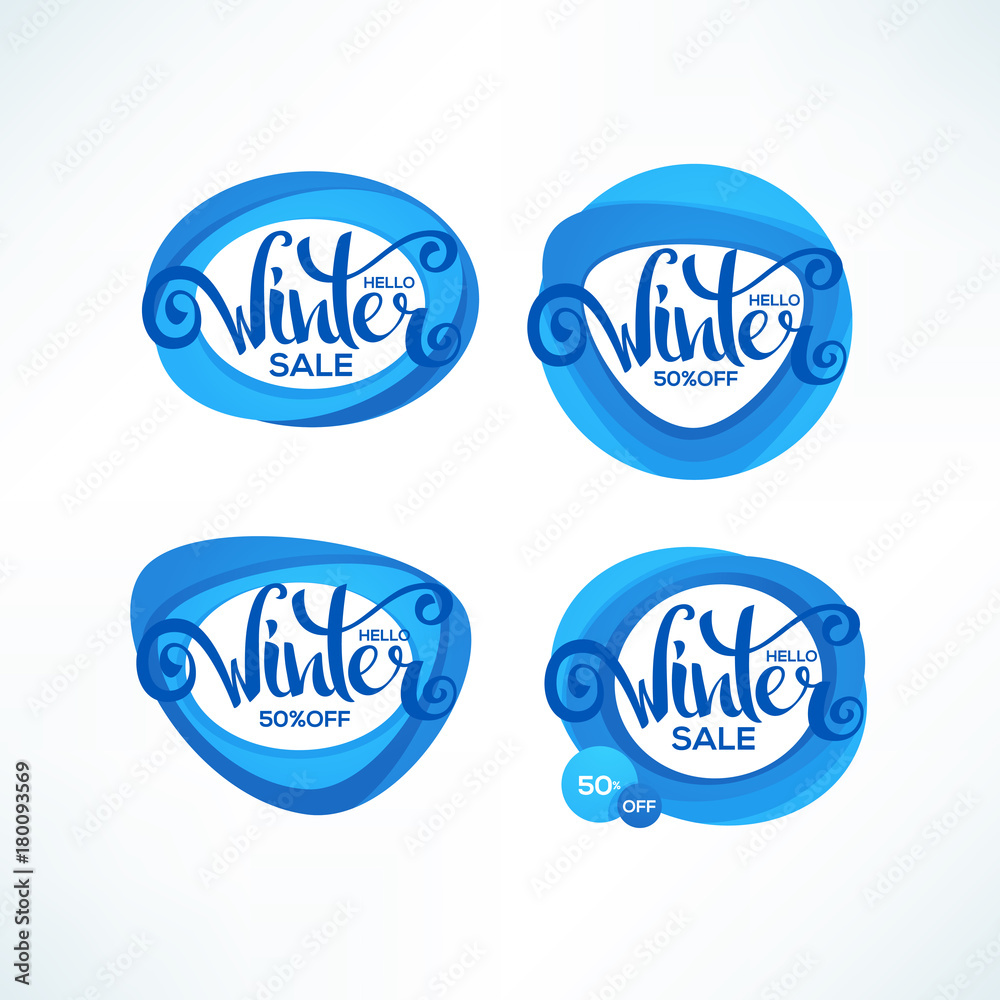 Hello Winter discount and sale banners, label and stickers with lettering composition