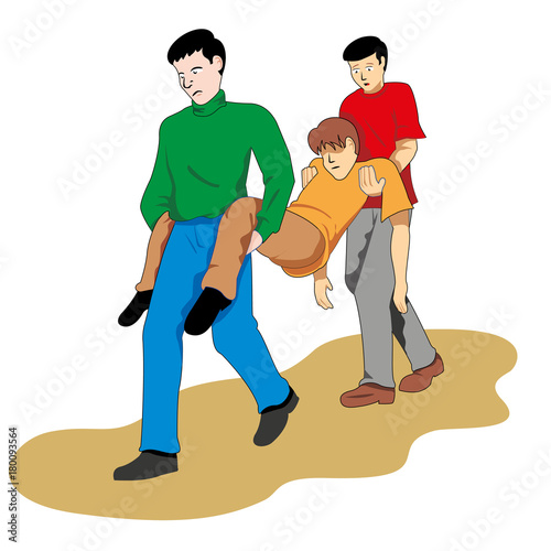 First aid two people carrying fainted person. Ideal for catalogs, informational and medical guides and training
