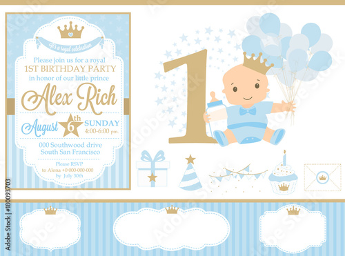 Blue and gold prince party decor. Cute happy birthday card template elements. Birthday first party and boy baby shower design elements set. Seamless classic pattern backgrounds.