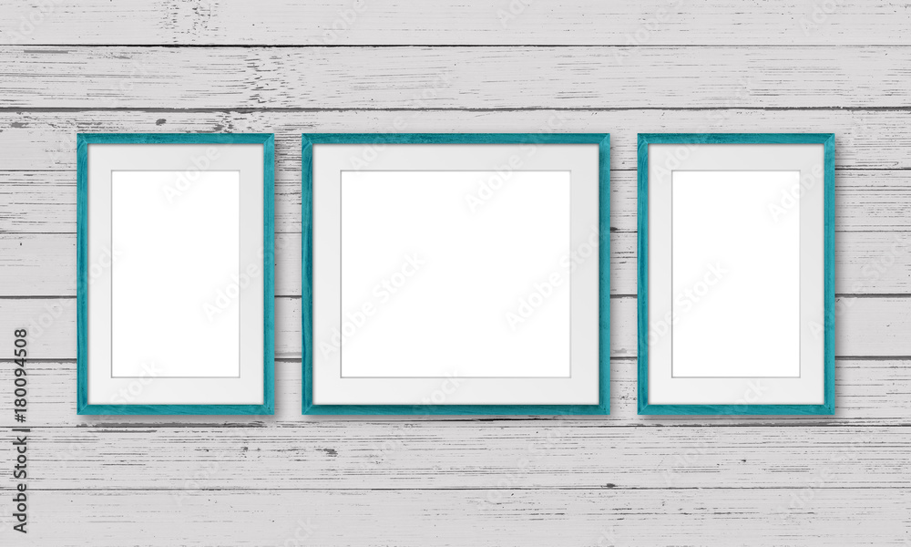 Three photo frames, light green design, on wooden planks wall, interior decor mock up Three photo frames, light green design, on wooden planks wall, interior decor mock up