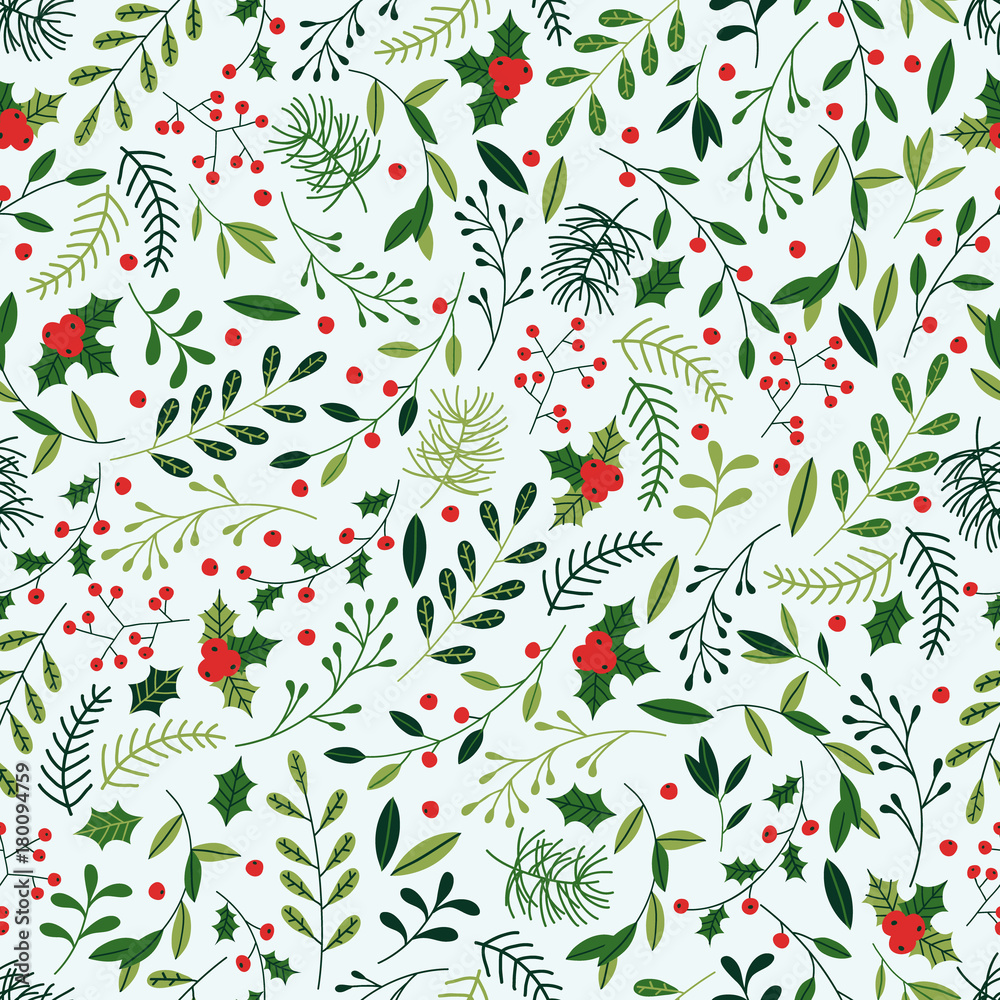 Seamless Christmas Pattern with Mistletoe, Spruce Branches, Green Leaves and Berries. 