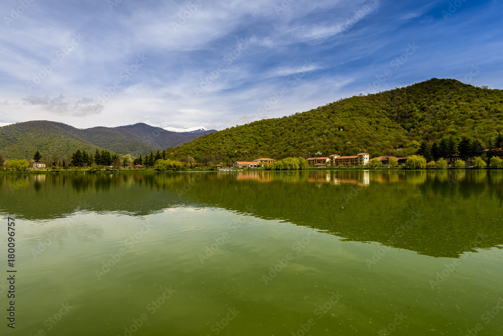 Rural lake landscape with wildlife, ducks and snow capped mountains in background with blue skies and clouds midst of fall foliage.  