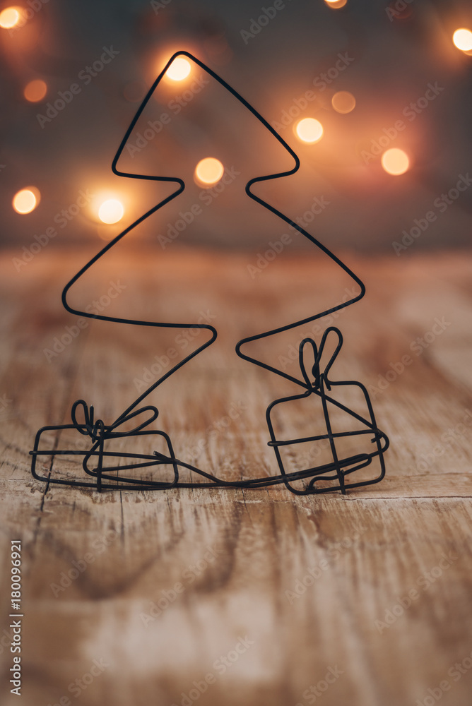 Christmas tree and gifts made of wire with Christmas lights-warm Christmas tree and gifts made of wire with Christmas lights-warm