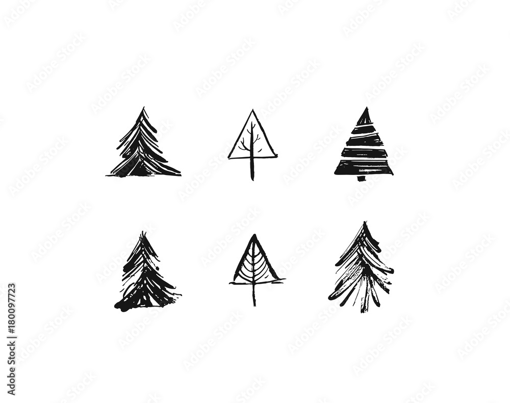 Hand drawn vector Merry Christmas rough freehand graphic greeting design elements collection set with ink scandinavian Christmas trees icons isolated on white background