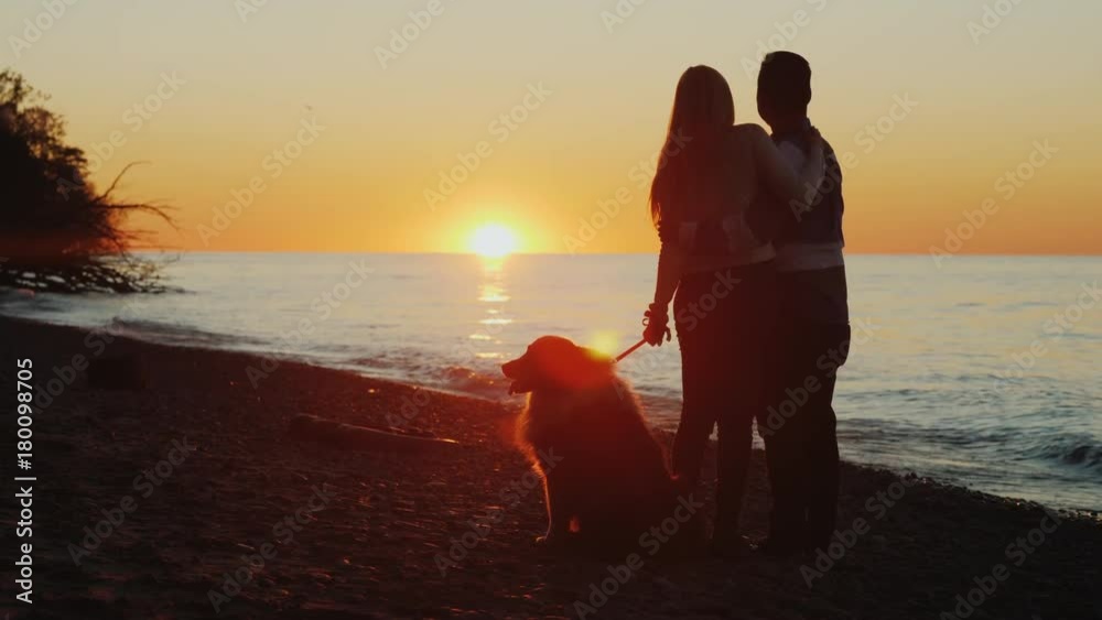 A young couple with a sob will admire the beautiful sunset over Lake Ontario. Chinese man and Caucasian woman
