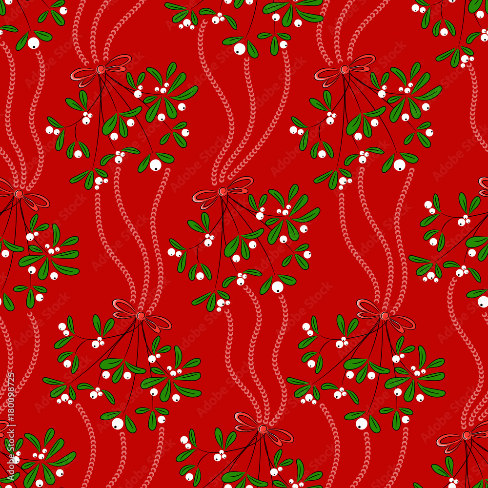 Vintage seamless christmas pattern vector for wrapping paper. Red season  background with mistletoe and garland. Ornament holiday winter new year  present print for gift boxes. greeting cards and tags. Stock Vector