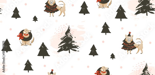 Hand drawn vector abstract fun Merry Christmas time cartoon illustration seamless pattern with many pet dogs in holidays costume and xmas trees isolated on white background