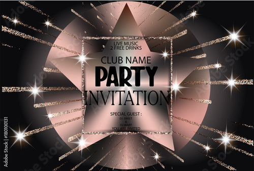 Party invitation card with sparkling frame and fireworks. Vector illustration