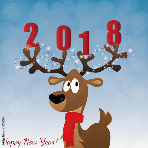 Merry Christmas card with cartoon deer  lights on big horns
