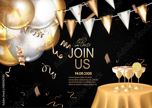 VIP INVITATION BANNER WITH GOLD DECO ELEMENTS AND PARTY OBJECTS. VECTOR ILLUSTRATION