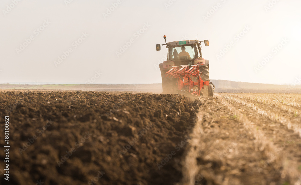 Fototapeta premium Tractor plowing fields -preparing land for sowing in autumn