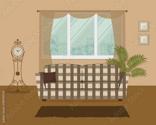 Living room in a beige color. There is a checkered sofa with pillow on a window background in the picture. There is also a grandfather clock and big flower here. Vector flat illustration.
