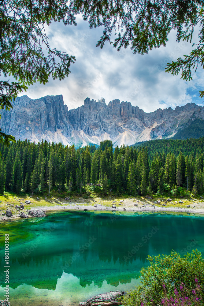 Carezza lake (Lago di Carezza, Karersee) in Dolomites Alps. South Tyrol. Italy