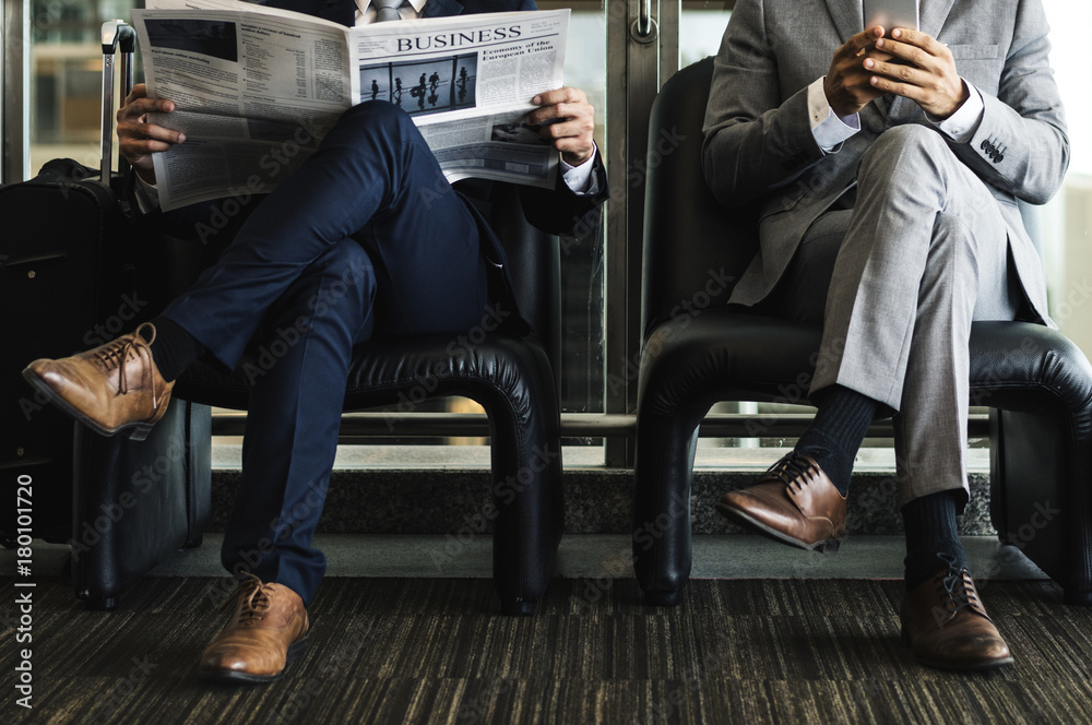Business Men Break Sit Read Newspaper Business Men Break Sit Read Newspaper