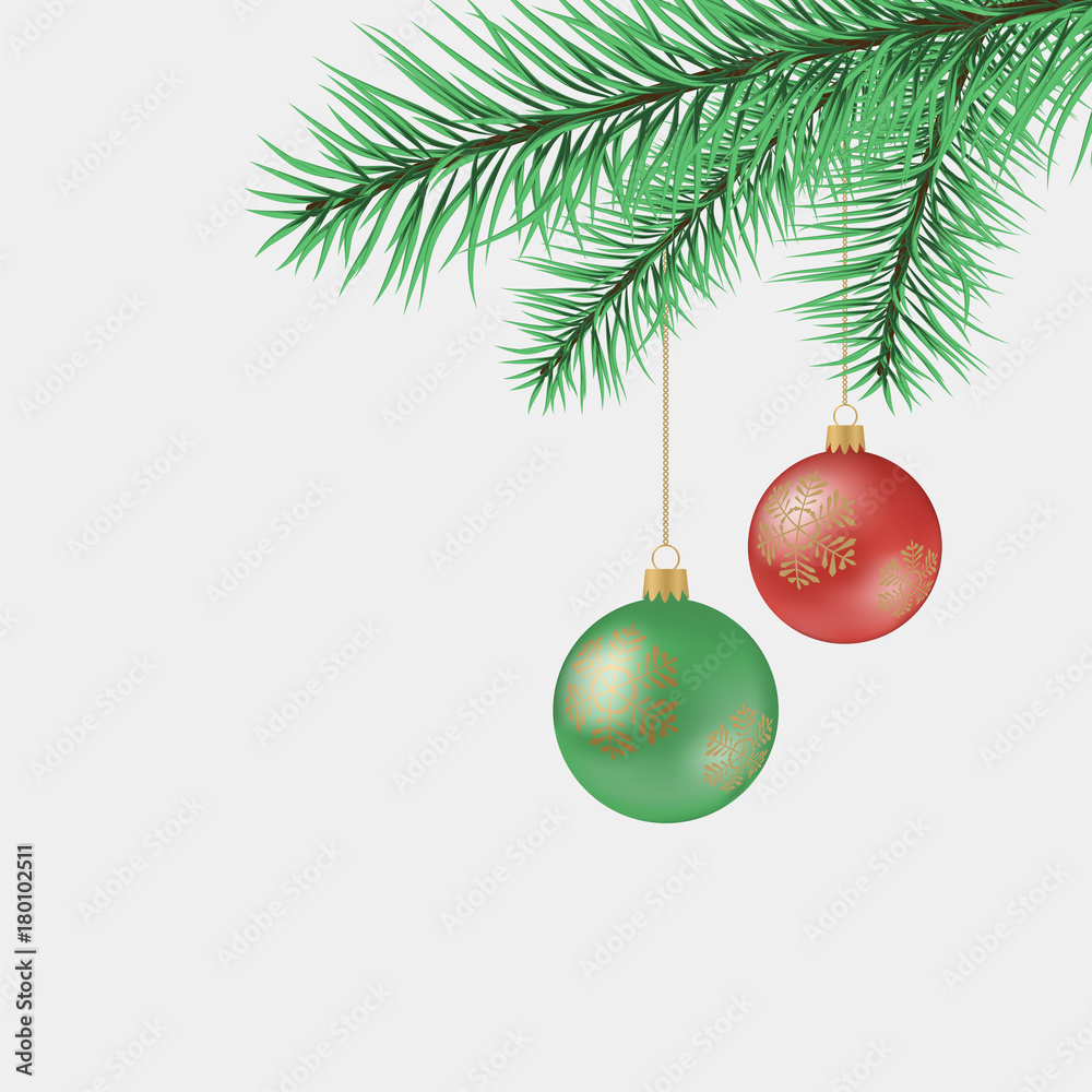 Christmas tree branch with balls and snowflakes. Great for postcards, banners, flyers, headers. Vector illustration.