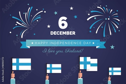 December 6th, Finland, Finnish Independence Day greeting card.   Celebration background with fireworks, flags and text. Vector illustration