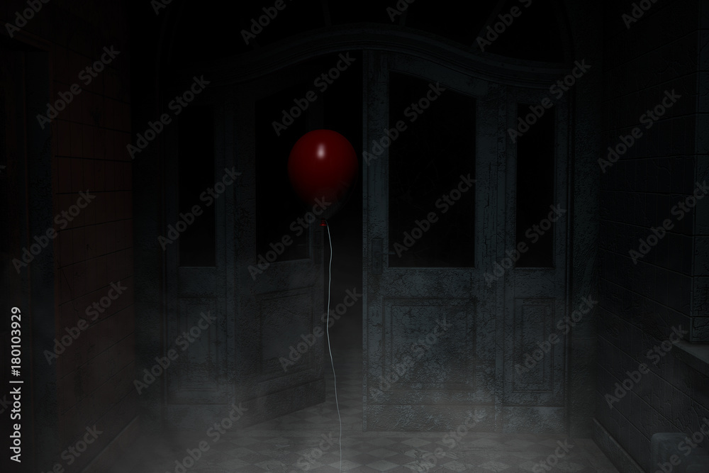 Fototapeta premium Red balloon,3d illustration of red balloon in haunted house