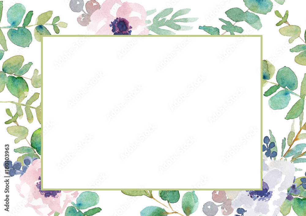 Flower frame made of anemones and eucalyptus. Watercolor illustration