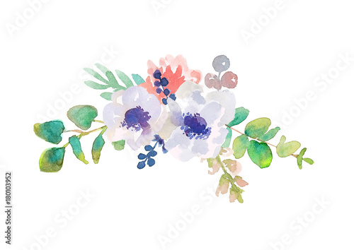 Flower arrangement made of anemones and eucalyptus on a white background. Watercolor illustration © Watercolor_Art_Photo