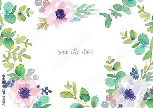 Flower frame made of anemones and eucalyptus. Watercolor illustration