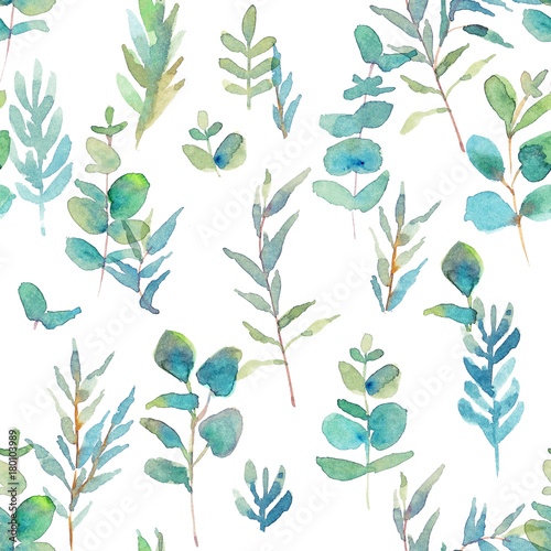 Seamless pattern with eucalyptus branches. Watercolor illustration