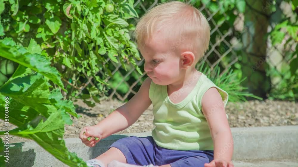 Cute little baby girl sitting in the vegetable garden and ripping big green pumpkin leaves on a hot summer day.