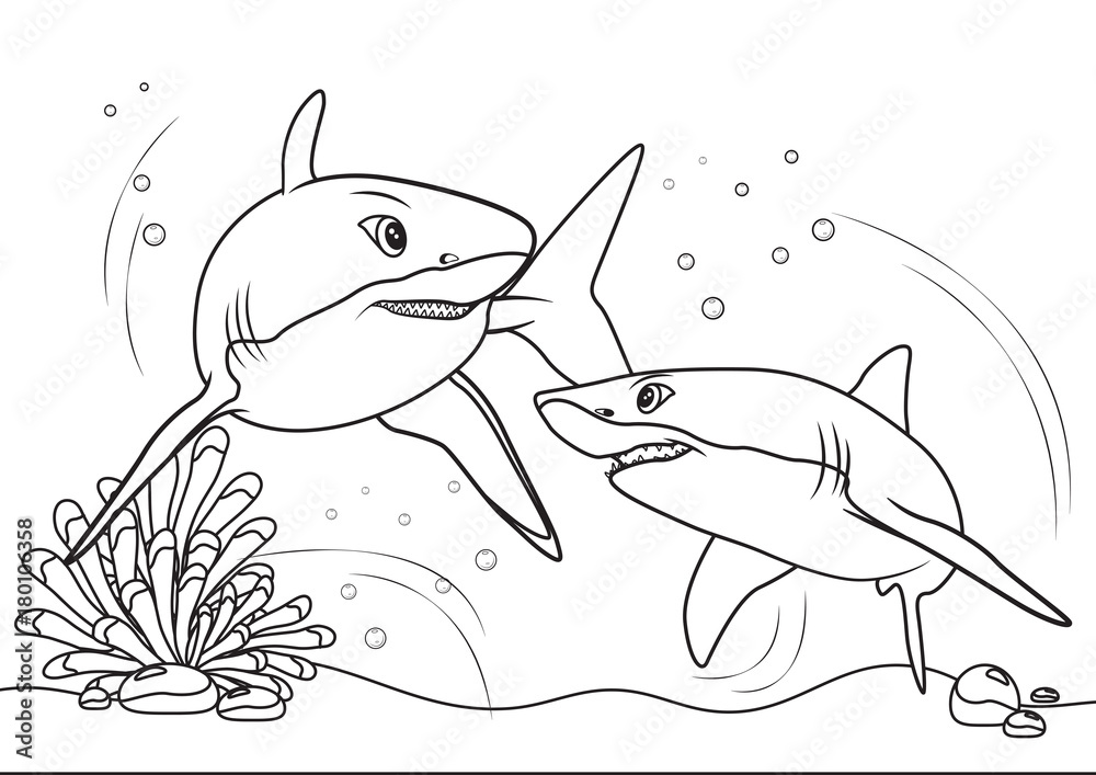 Obraz premium Sharks on the sea, line art coloring book