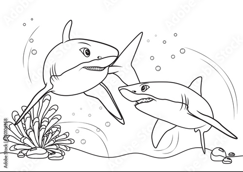 Sharks on the sea, line art coloring book