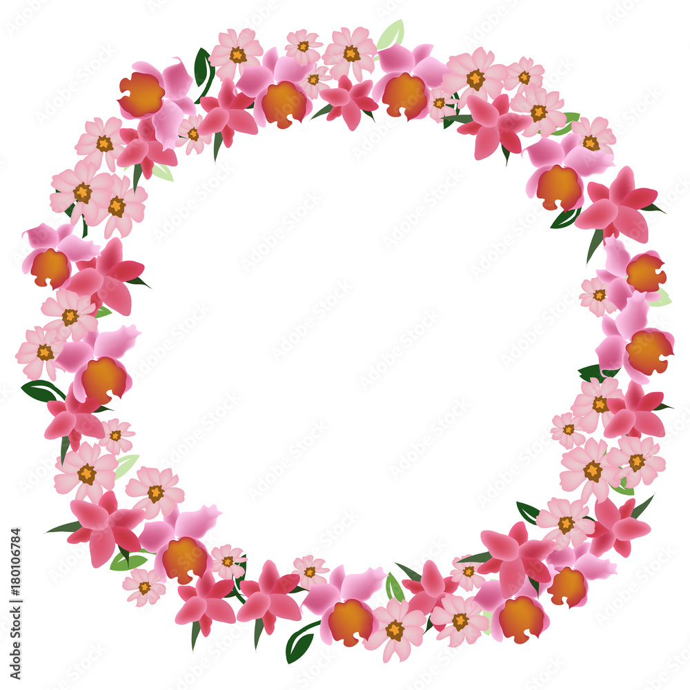 Pink flowers wreath as circle frame illustration design on white background  | Cute and beautiful for invitation card, wedding element | Spring garden  temple sweet style Stock Illustration | Adobe Stock