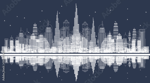Outline Dubai Skyline with City Skyscrapers. Front View Through Buildings.