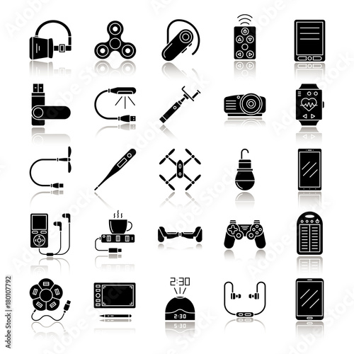 Gadgets drop shadow black glyph icons set