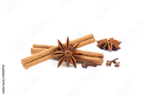 Star anise, cloves and cinnamon isolated on white background